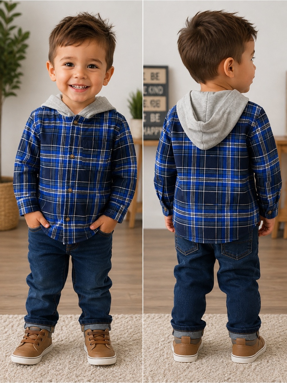 Carter’s Boys 3T Blue Plaid Hooded Button-Up Flannel Shirt
